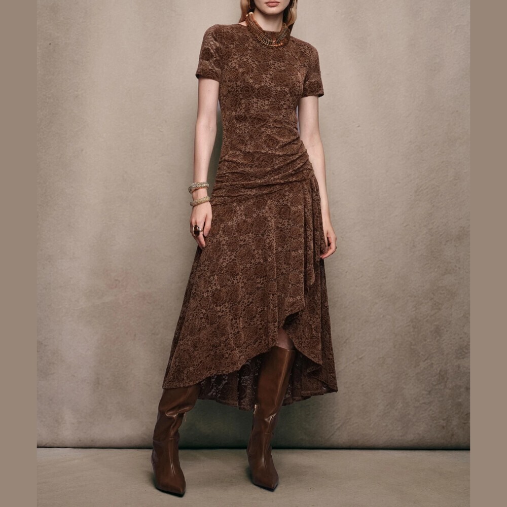 Brown Floral Lace Ruched Asymmetrical Hem Short Sleeve Midi Dress